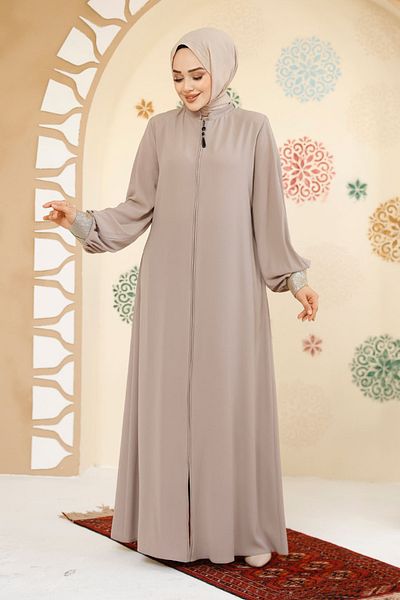 Neva Style Beige Hijab Abaya - Zippered, Model 35168Bej