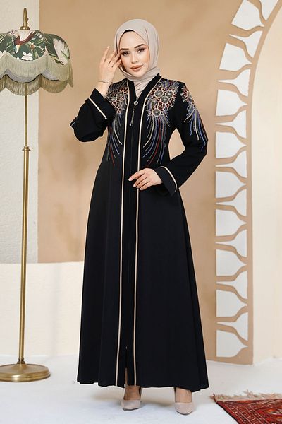 Neva Style Patterned Zippered Black Hijab Abaya 41565S