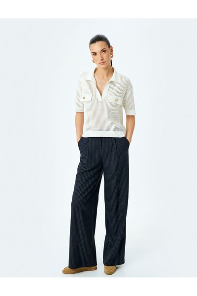 Koton Applique Detailed Buttoned Short Sleeve Openwork Polo Neck Crochet Sweater