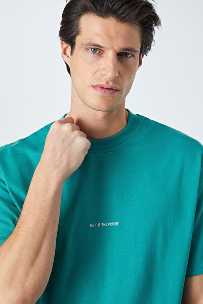 GRIMELANGE RIVER Ανδρικό μπλουζάκι με φαρδιά εφαρμογή με κέντημα με κέντημα Basic πλεκτό κολεγιακό πράσινο μπλουζάκι