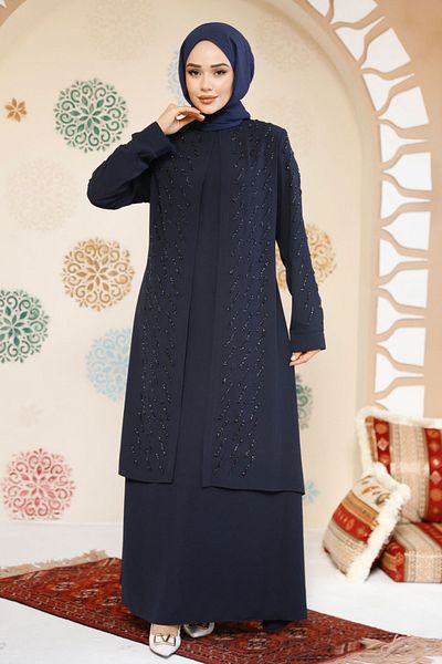 Neva Style Χάντρες Κεντημένο Navy Blue Hijab Abaya 29120L