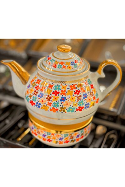 DUKKANI ISTANBUL إبريق شاي من البورسلين وسخان زهور مذهبة