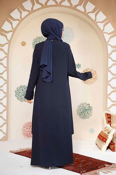 Neva Style Bead Embroidered Navy Blue Hijab Abaya 29120L
