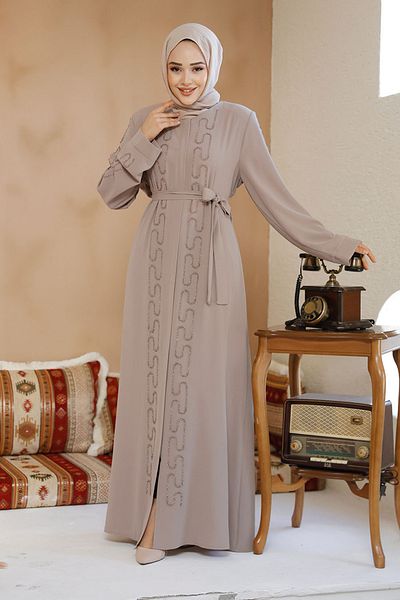 Neva Style Beige Hijab Abaya - Bead Embroidered, Model 29118Beige