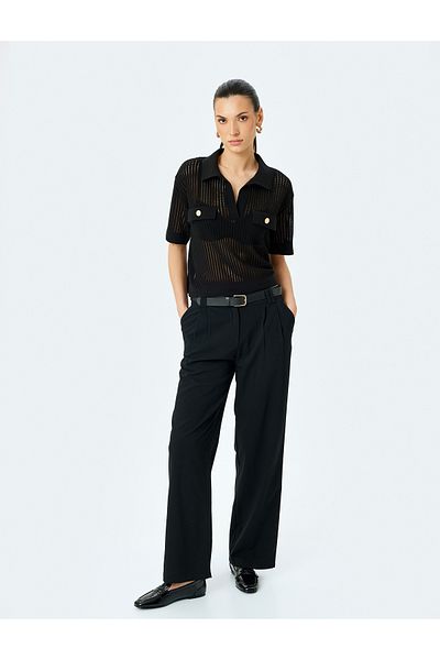 Koton Applique Detailed Buttoned Short Sleeve Openwork Polo Neck Crochet Sweater