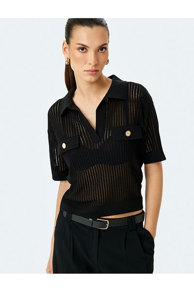 Koton Applique Detailed Buttoned Short Sleeve Openwork Polo Neck Crochet Sweater