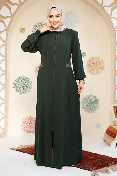 Neva Style Dark Khaki Zippered Hijab Abaya - 8104Khk