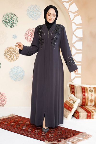 Neva Style Bead Embroidered Smoked Hijab Abaya 29107Fu