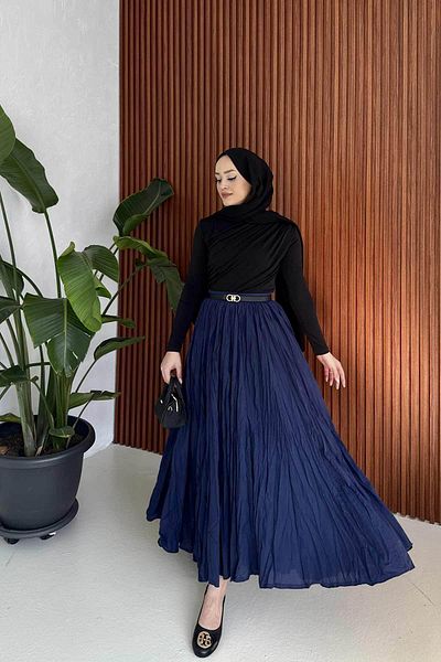 Melike Tatar Dark Blue Crinkle Voile Skirt 3-3022