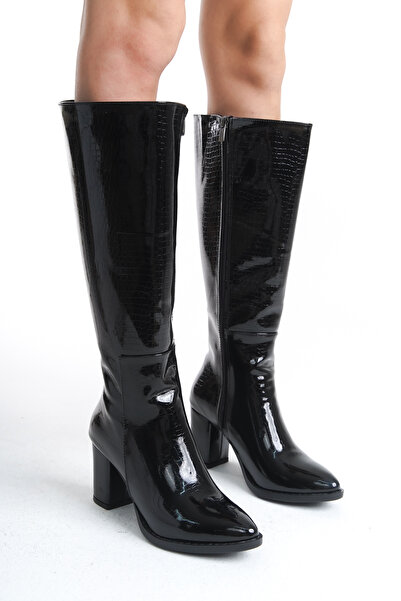 Limeo Dámské dlouhé boty na podpatku s koženým vzhledem a detaily kamene na zip