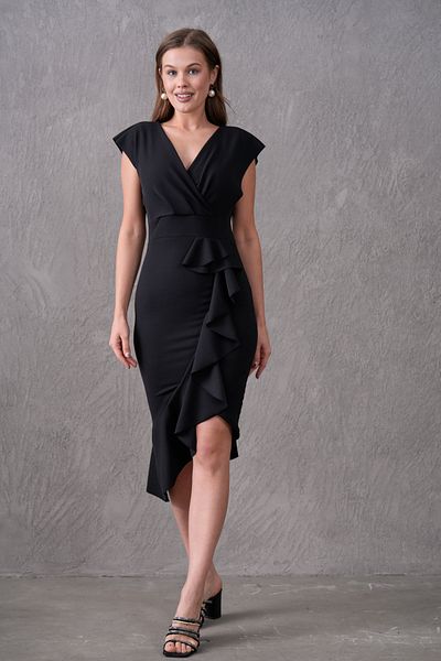 bayansepeti Women's Black Crepe Fabric Double Breasted Neckline Flounce Detail Dress 583160