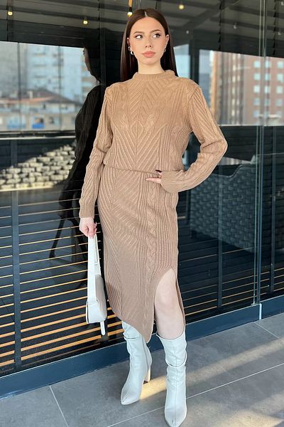 GÜLSELİ Biscuit Women's Knitted Knitwear Blouse Skirt Double Set