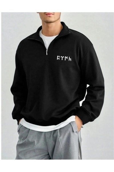 Wish BF Yarım Fermuarlı Göktürkçe Türk Baskılı Siyah Unisex Oversize Sweetshirt