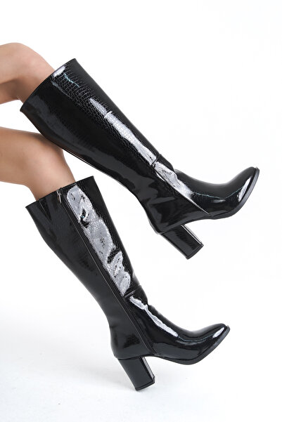 Limeo Γυναικείες μακριές μπότες με δερμάτινο τακούνι με φερμουάρ και λεπτομέρεια από πέτρα