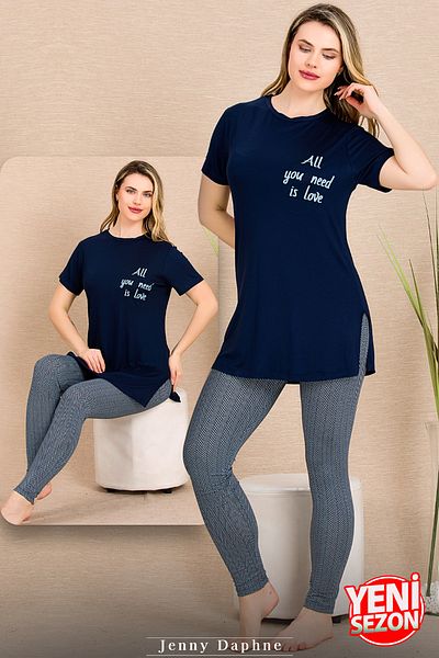 Jenny Daphne طقم بيجامة نسائي باللون الأزرق الداكن والأسفل باللون الرمادي 12493