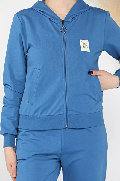 GÜLSELİ Μπλε γυναικείο σετ αθλητική φόρμα με κουκούλα με φερμουάρ