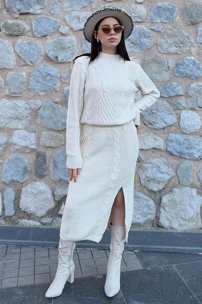 GÜLSELİ Cream Women's Knitted Knitwear Blouse Skirt Double Set