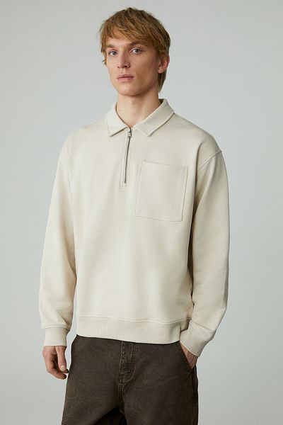 GRIMELANGE Shiftd Men's Zippered Collar Long Sleeve Zippered Beige Sweatshirt