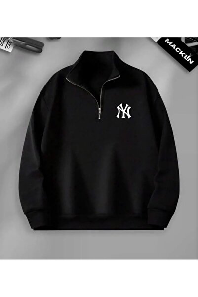 Wish BF Yarım Fermuarlı Ny New York Baskılı Siyah Unisex Oversize Sweetshirt