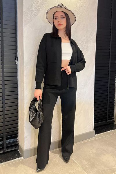 GÜLSELİ Black Women's Knitwear Cardigan and Trousers Set - Double Pockets, Size Fits S-M-L