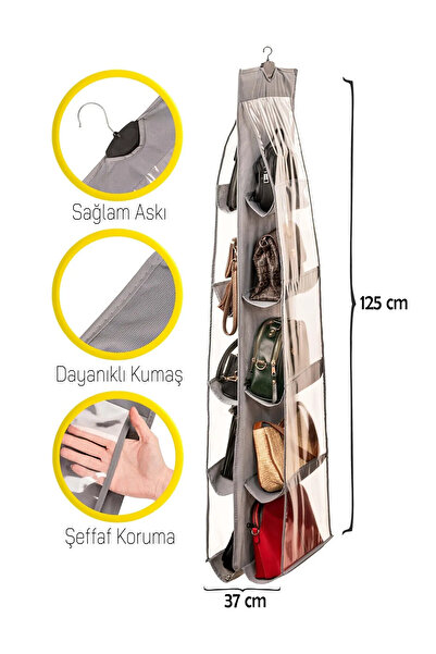 Serstil 10 Cepli Dolap Içi Çanta Düzenleyici Organizer Gri