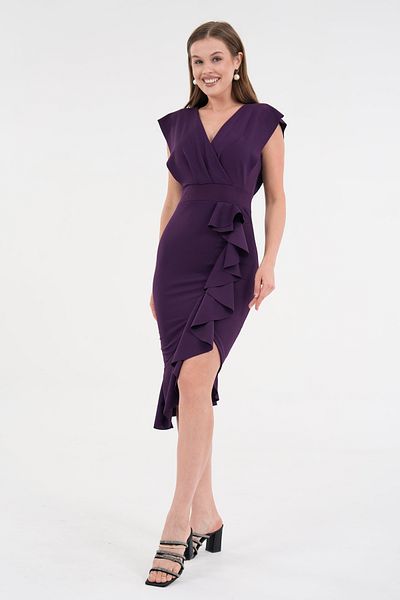 barış sülün lovebox Women's Stretchy Crepe Fabric Double Breasted Neckline Flounced Design Midi Plum Evening Dress 583160