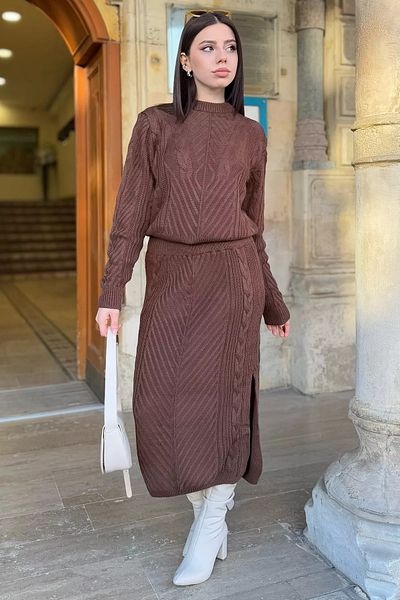 GÜLSELİ Brown Women's Knitted Knitwear Blouse Skirt Double Set