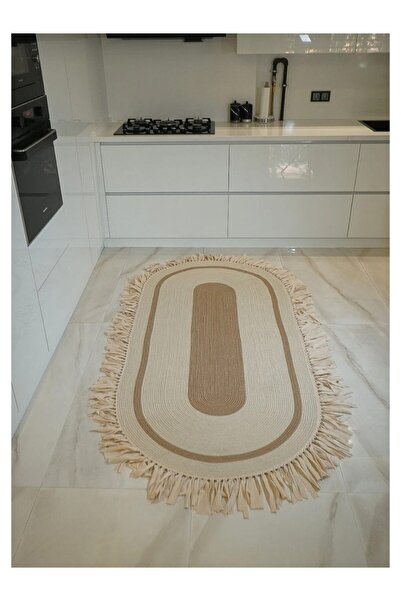 Halımax Milda 26 Jüt Hasır Örgü Bohem Çift Taraflı Kilim Dekoratif Oval Püsküllü Jüt Halı