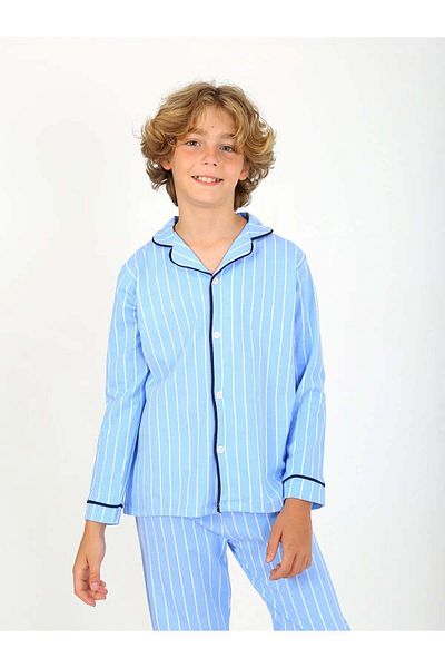 pistyle Set de pijamale cu mânecă lungă pentru băiat, 100% bumbac, cu nasturi, cu dungi albastre