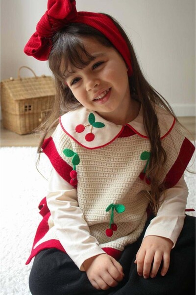MİNİKO KİDS Girl's Cherry Model with Strick Vest 3-Piece Suit