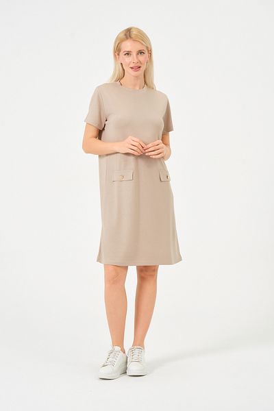 Moda Palmiss Women's Beige Crew Neck Modal Short Dress with Stone Detail