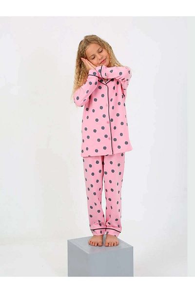 pistyle Girls' Long Sleeve 100% Cotton Buttoned Dark Pink Polka Dot Pajamas Set