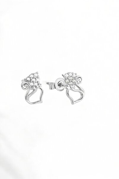 jelux silver Gümüş 925 Ayar Zirkon Taşlı Kedi Çivili Küpe