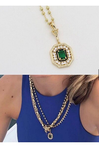 Jerie Gold Zirkon ve Yeşil Taşlı Altıgen Tasarım Serenay Kolye