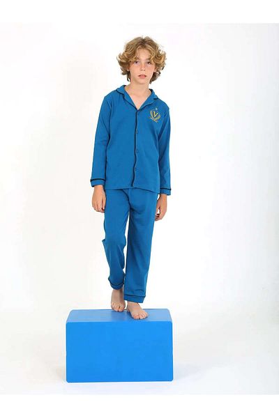 pistyle Set de pijamale pentru băiat cu mânecă lungă, 100% bumbac, cu nasturi, albastru închis