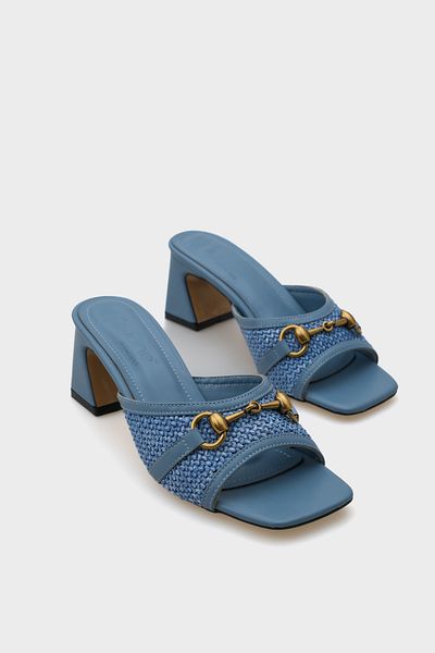 Capone Outfitters Papuci de damă cu cataramă aurie din paie, albastru denim, cu toc gros