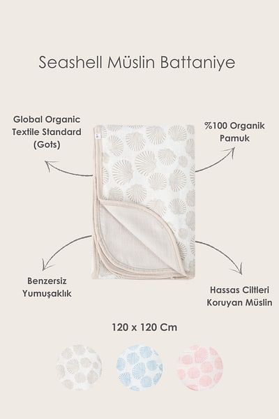 İrya Bebe Marin Seashell Muslin Baby Blanket Antartik 120x120