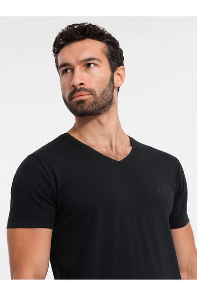 OMBRE Pánské tričko SLIM FIT s výstřihem do V s elastanem a potiskem - černé V1 OM-TSBC-0221 S