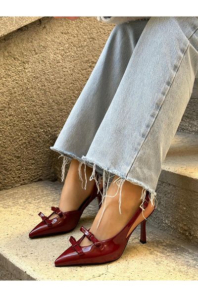 ERVANIN BUTİĞİ Burgundy Patent Leather (Ella) Double Bow Women's Stiletto