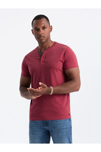 OMBRE Men's T-shirt with round henley neckline - red V1 OM-TSCT-0155 L