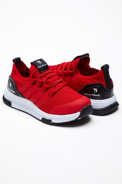 PowerSpeed Children's Unisex Red Comfortable Fit Striped Lace-Up Sports Shoes
