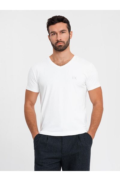 OMBRE Pánské tričko SLIM FIT s výstřihem do V s elastanem a potiskem - bílé V2 OM-TSBC-0221 L