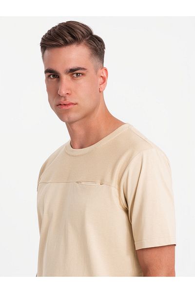 OMBRE Ανδρικό μπλουζάκι LOOSE FIT με τσέπη - μπεζ V1 OM-TSCT-0171 L