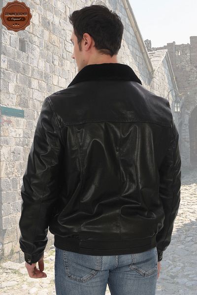 FRM Men's Genuine Lambskin Coat Black Furry Bomber Leather Jacket Winter Warm and Fashionable Outerwear