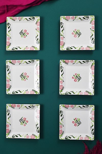 Piatti Naturali Set of 6 Stylish Handmade Spring Patterned Cake Plates - Dessert Presentation Service 20cm