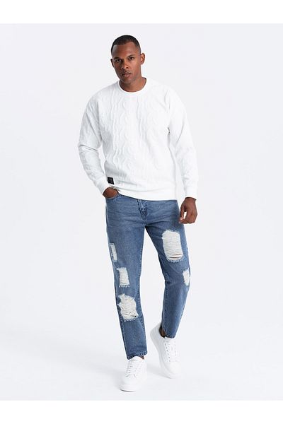 OMBRE Ανδρικό τζιν παντελόνι TAPERED FIT με τρύπες - σκούρο μπλε V3 OM-PADP-0175 M