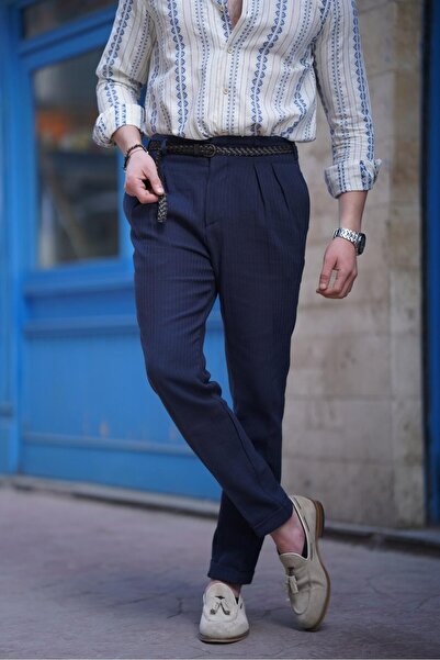 MODEFENDİ Hasır Örgü Kemerli Pamuk Keten Örme Pileli Pantolon