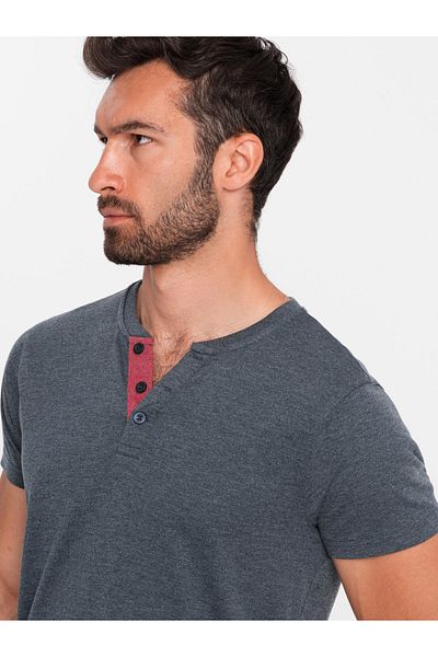 OMBRE Pánské tričko s rozepnutým kulatým výstřihem henley - tmavě modrá V5 OM-TSCT-0155 XXL