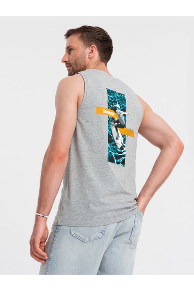 OMBRE Pánské bavlněné tílko s potiskem Summer Vibe - šedá melanž V3 OM-TSTT-0191 S