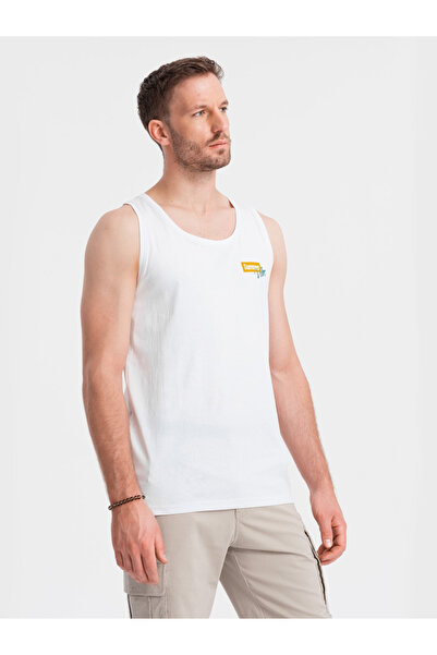 OMBRE Ανδρικό βαμβακερό φανελάκι με στάμπα Summer Vibe - λευκό V2 OM-TSTT-0191 XL